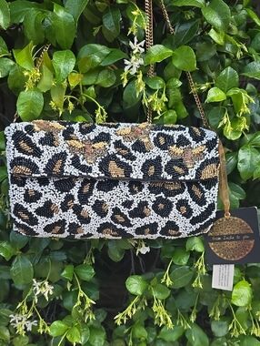 Beaded Leopard and Bumblebee Print Bag - Black & Gold